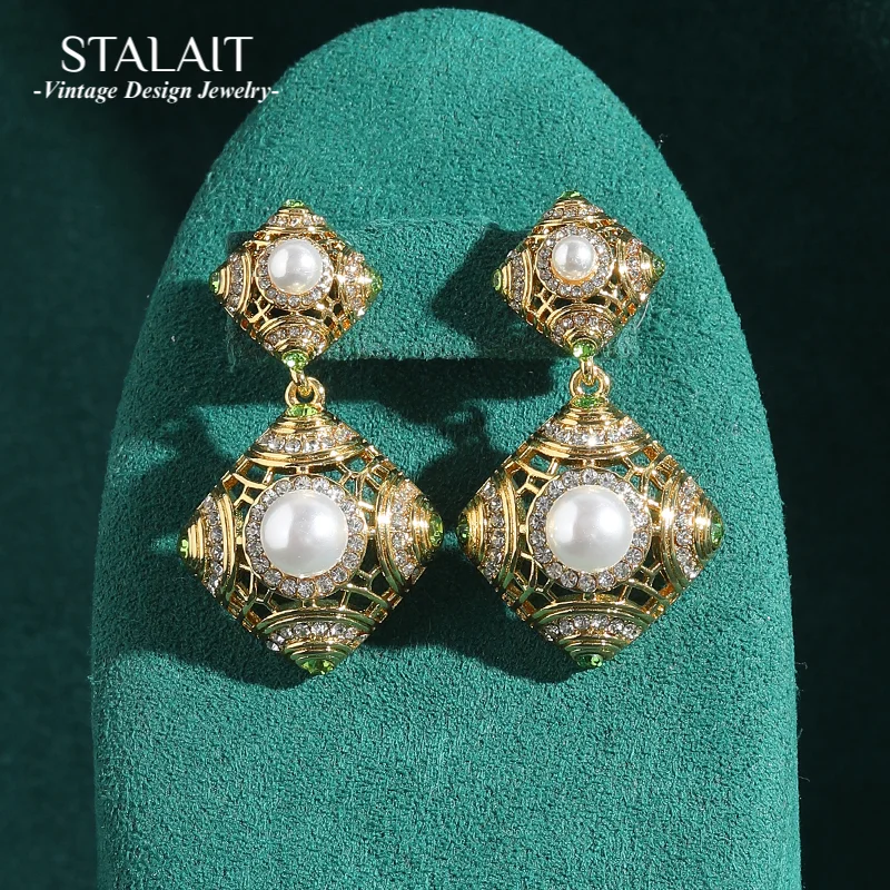 

Luxury Designer Pearl Earrings Charms Drop Vintage Jewellery High Quality Green Rhinestones Large Geometric Accessories Woman