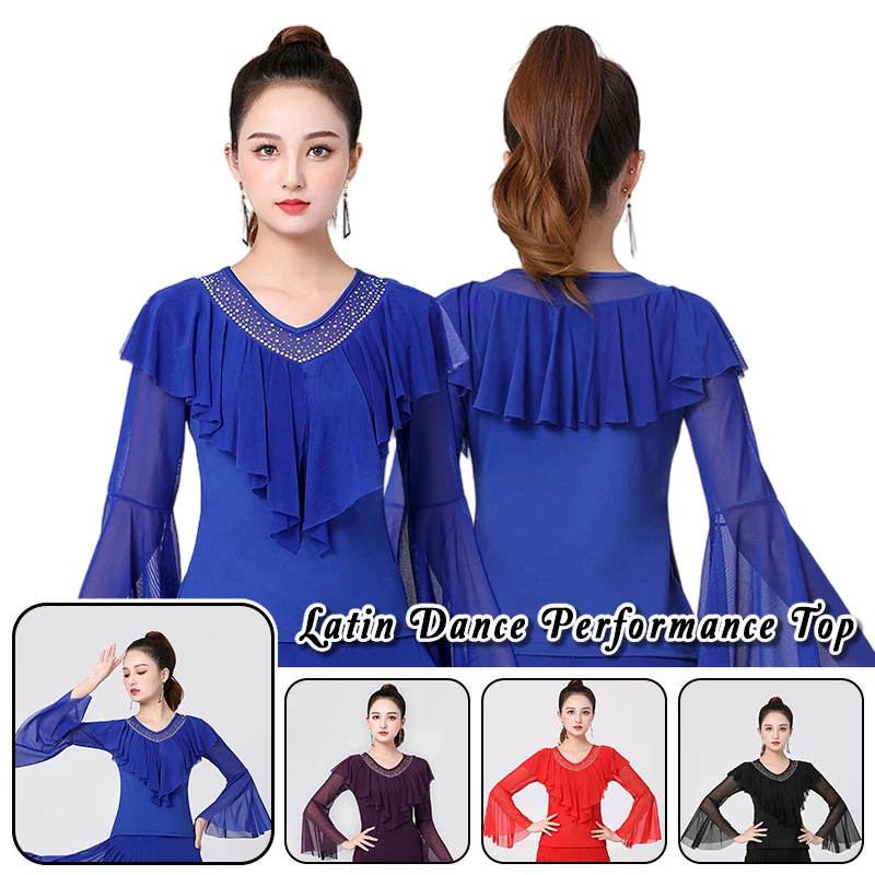 

Women Ballroom Yoga Crop Tops Shirts Long Sleeve Latin Dance Waltz Tango Blouse Modern Dance Practice Performance Costume