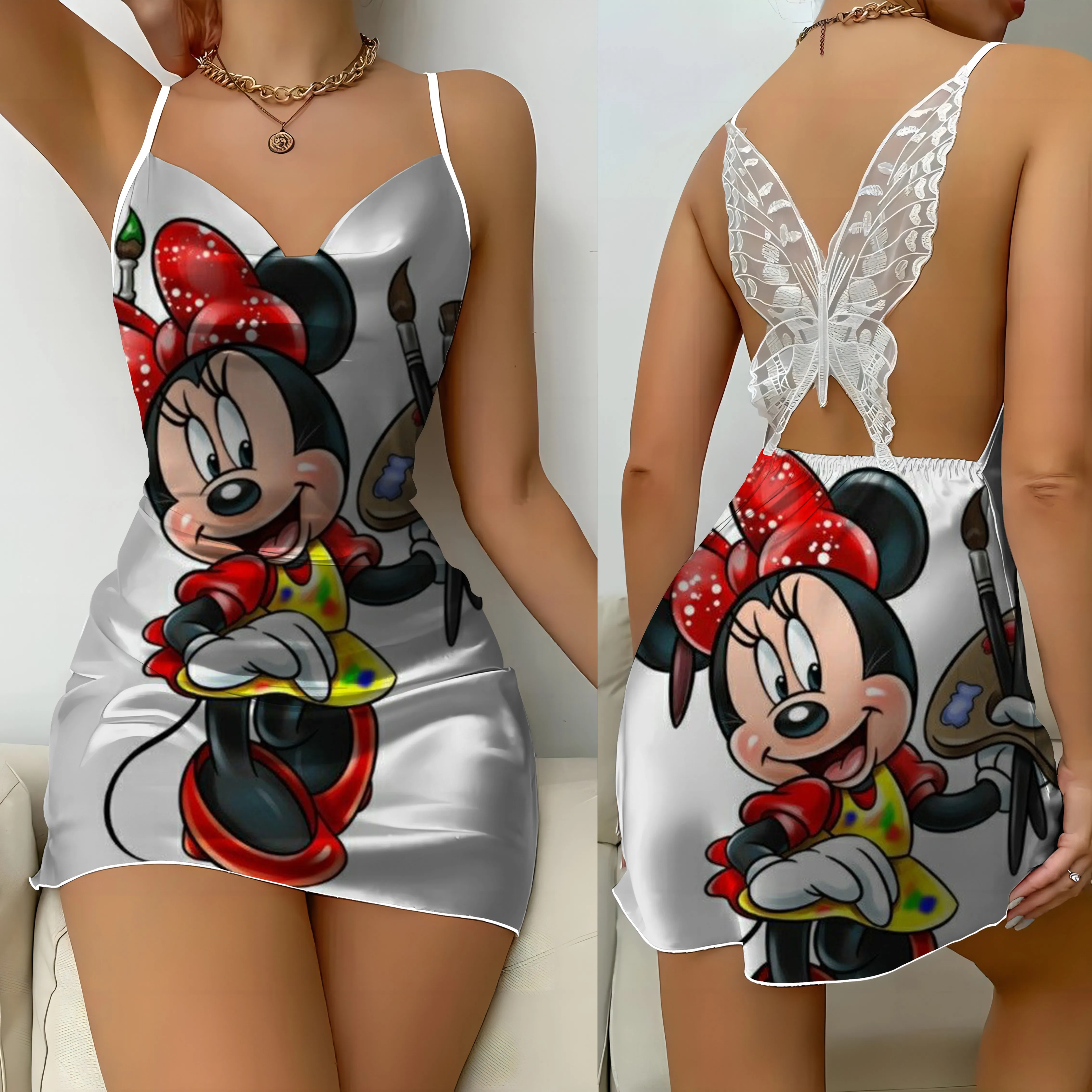 Satin Surface Home Dress Party Dresses Disney Mickey Pajama Skirt Bow Knot Minnie Mouse Womens Fashion Summer 2024 Mini Sexy New