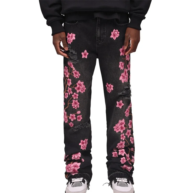 Men Fashion Denim Pants Floral Embroidery Ripped Jeans with Pockets Casual Trousers for Streetwear