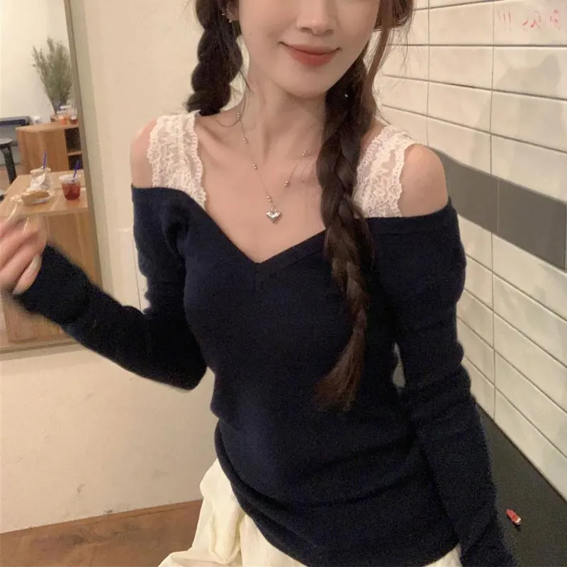Hotsweet Off Shoulder Slim T-shirts Women's Clothing Fashion Lace Drawstring Spring Autumn Solid Color Casual V-Neck Pullovers