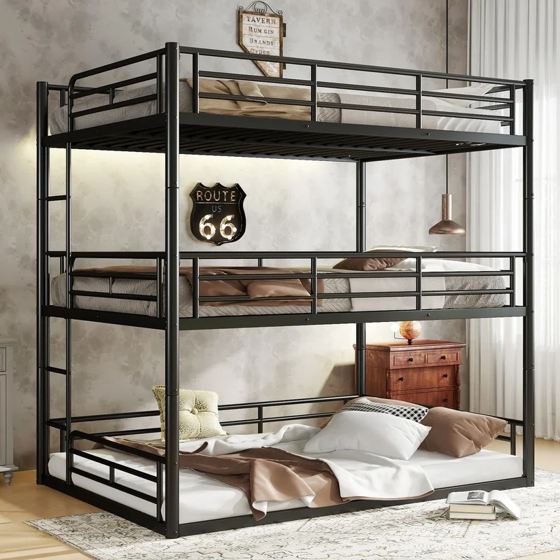 

Black Metal Triple Bunk Bed with Safety Rails, Heavy-Duty Design, Noise-Reduced Structure
