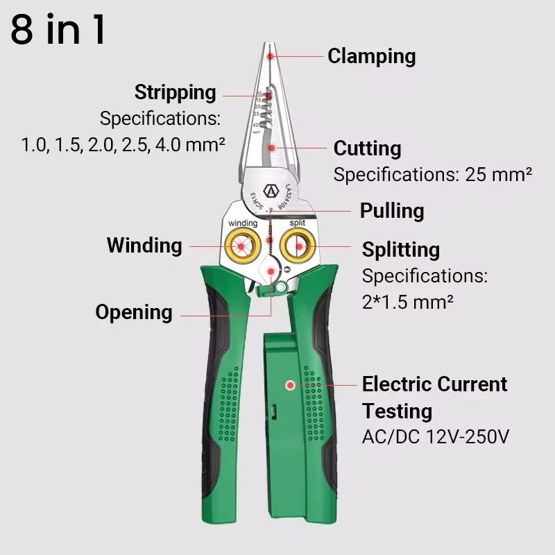 Electrician Pliers Multi-function Wire Stripper 8-in-1 Stainless Steel Needle-nose Pliers with Electrical Measurement Hand Tools