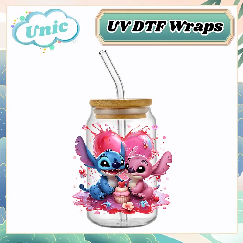 Disney Stitch Valentine Day 3D Transfer Sticker For 16oz Libbey Glass Waterproof Mug Cup Wraps UV DTF Stickers Custom Decal Logo