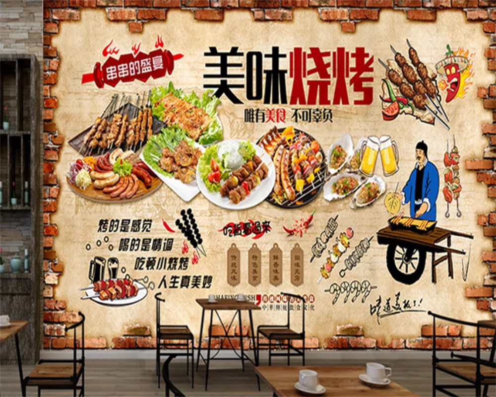 beibehang papier peint Customized modern new barbecue shop wall decoration sticker restaurant papel de parede wallpaper