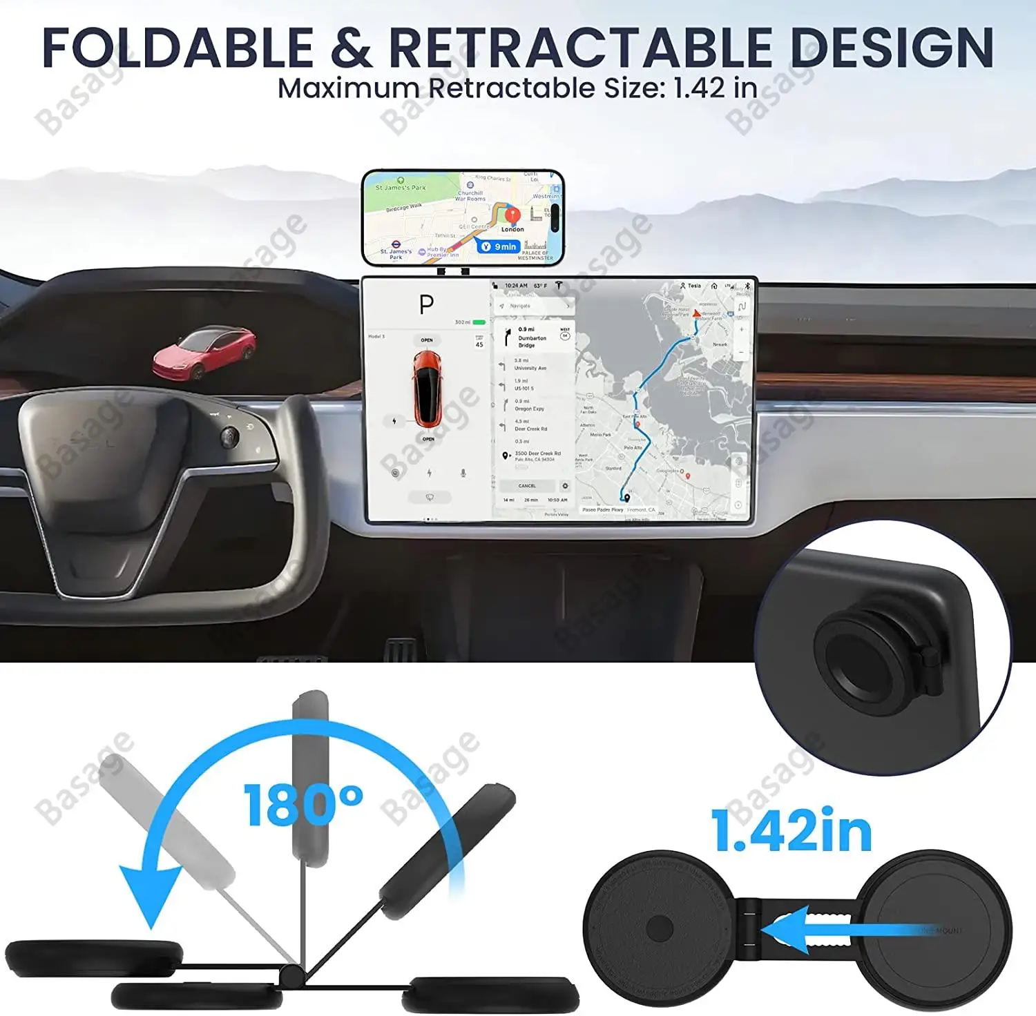 Supporto per telefono da auto per Tesla Model 3/X/Y/S, supporto per telefono magnetico invisibile per auto, supporto per auto MagSafe girevole a 360