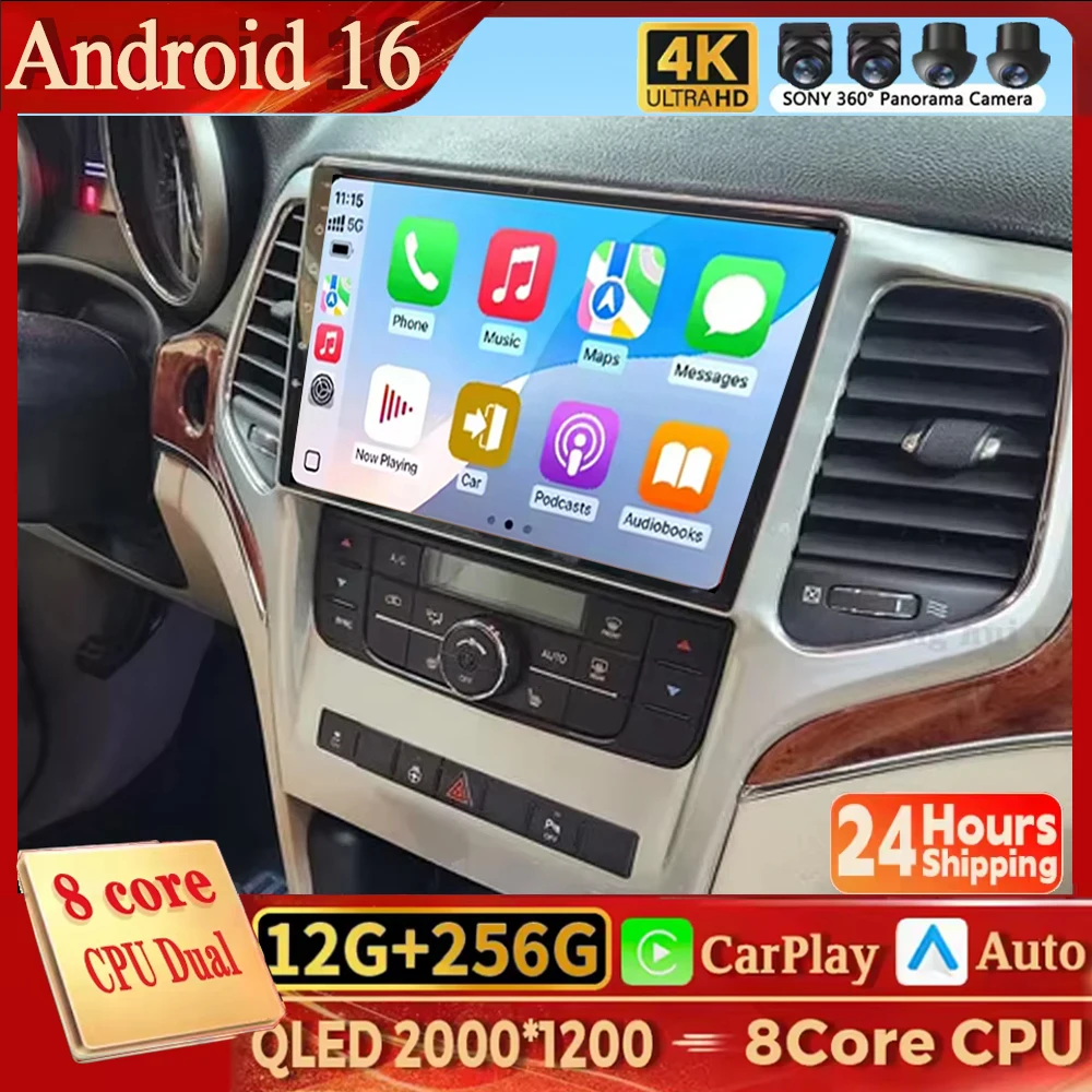Android 16 Carplay Android Auto para Jeep Grand Cherokee WK2 2010 - 2013 Radio Multimedia para Auto Reproductor de Video 4G WIFI GPS Pantalla Táctil