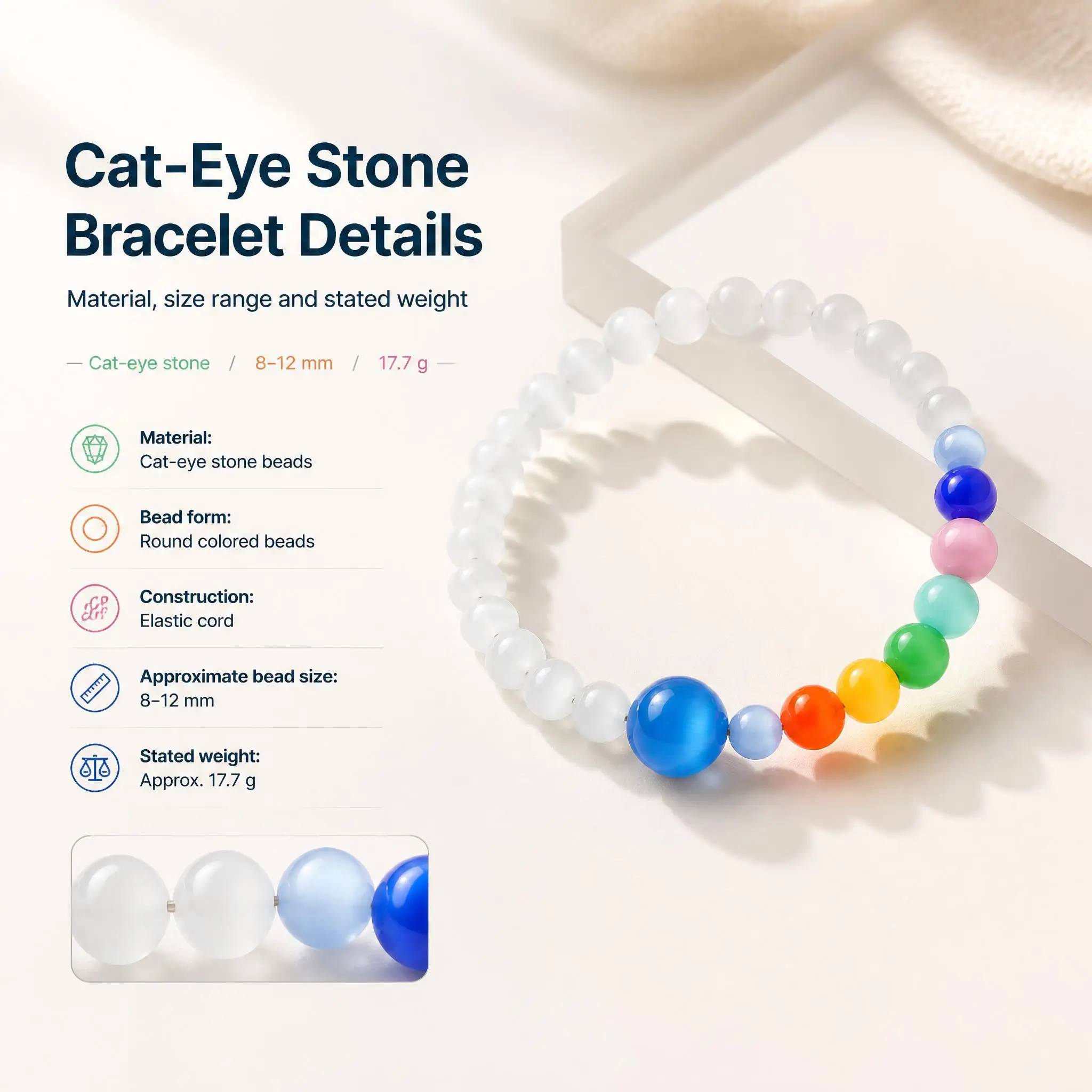 Dopamine Cat Eye Stone Beaded Bracelet Dopamine Style Stretch Bracelet Trendy Fashion Jewelry Gift for Women Girls Daily Wear