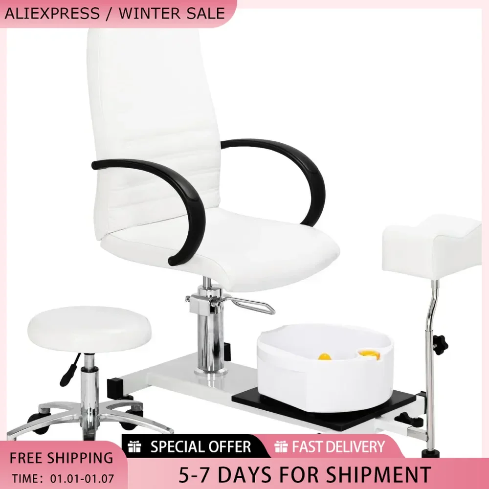 Chaise de pédicure blanche avec tabouret et bain de pieds à bulles, chaise Pedi hydraulique pour module d'ongle, chaises de pédicure de salon de spa de beauté