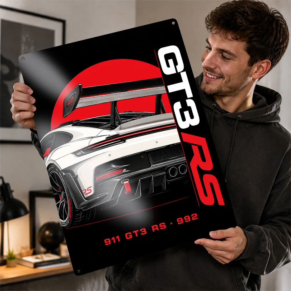 Germany 911 GT3 RS 992 White Red Rear Sports Car Aluminum Poster Customized Metal Tin Sign Track Style Wall Art Ideal For Home