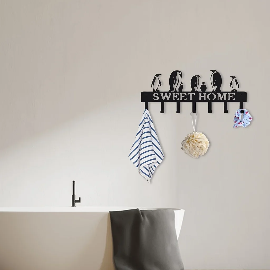 metal Key Hanger Homes Style - Iron Wall Key Holder, Creative Penguin Hook Keychain Balcony Wall Mounted Black Coat Rack Doorway