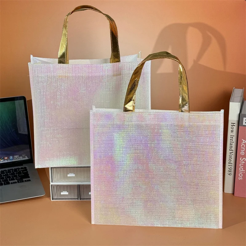 StoBag 10pcs Laser Non-woven Tote Bags Shopping Shoulder Fabric Woman Storage Reusable Large Pouches Custom Logo(Extra Fee)