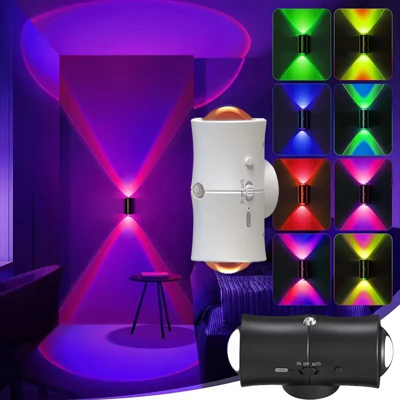 7 Colors RGB Double-head Wall Lamp Rechargeable Magnetic LED Night Light Wireless Motion Sensor for Bedroom Kitchen Stairs Light