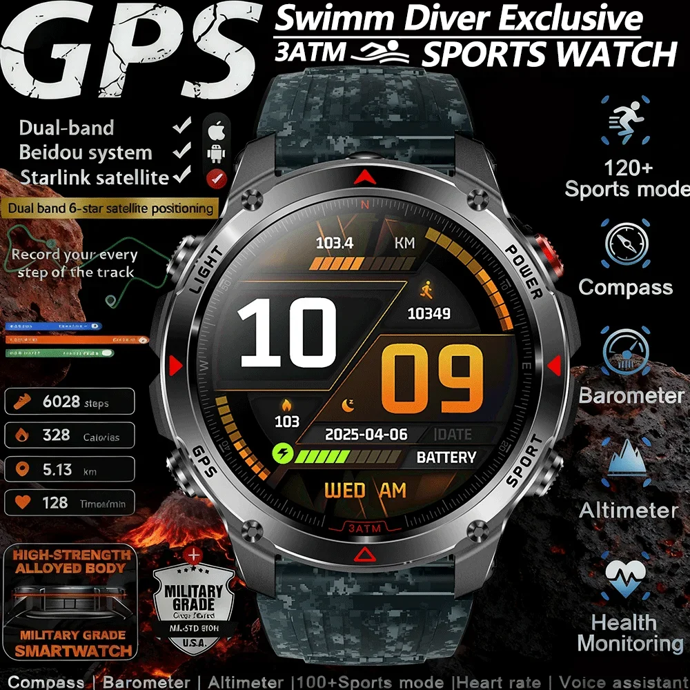 2025 جديد لتحديد المواقع المقتفي الرياضة Smartwatch للرجل في الهواء الطلق ركوب تشغيل 3ATM السباحة مقاوم للماء الساعات البوصلة مقياس الارتفاع ساعة ذكية الرجال