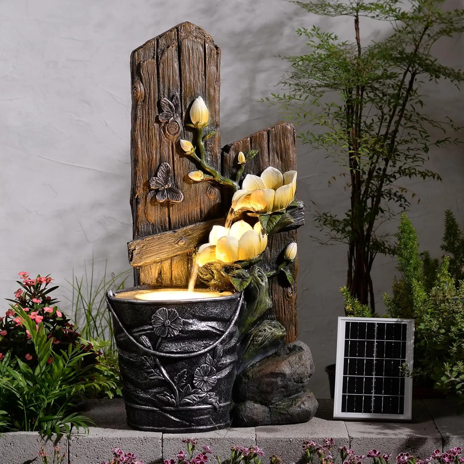 

30.7" H Solar Water Fountain Outdoor Garden, Rustic Tiered Magnolia Flower & Bucket Waterfall with 4000mAh Battery Backup, Warm