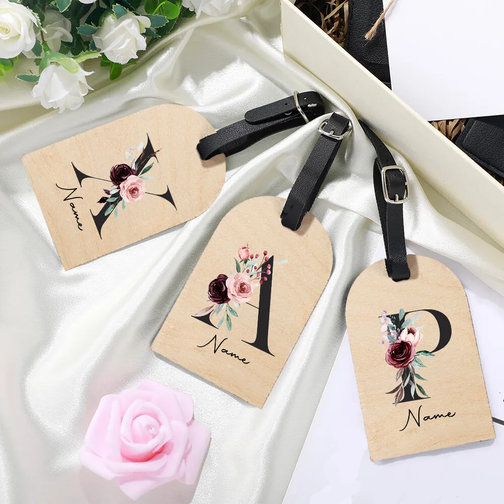 Personalized Watercolor Floral Wooden 26 Initial Luggage Tag Custom Name Wood Suitcase Tag Wedding Bridesmaid Gift