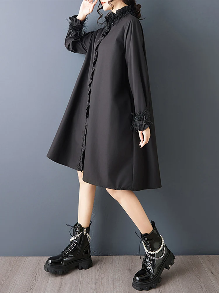 Oversized Black Vintage Shirt Dresses For Women Stand Collar Long Sleeve Loose Casual Dress Elegant Clothing Spring Autumn 2025