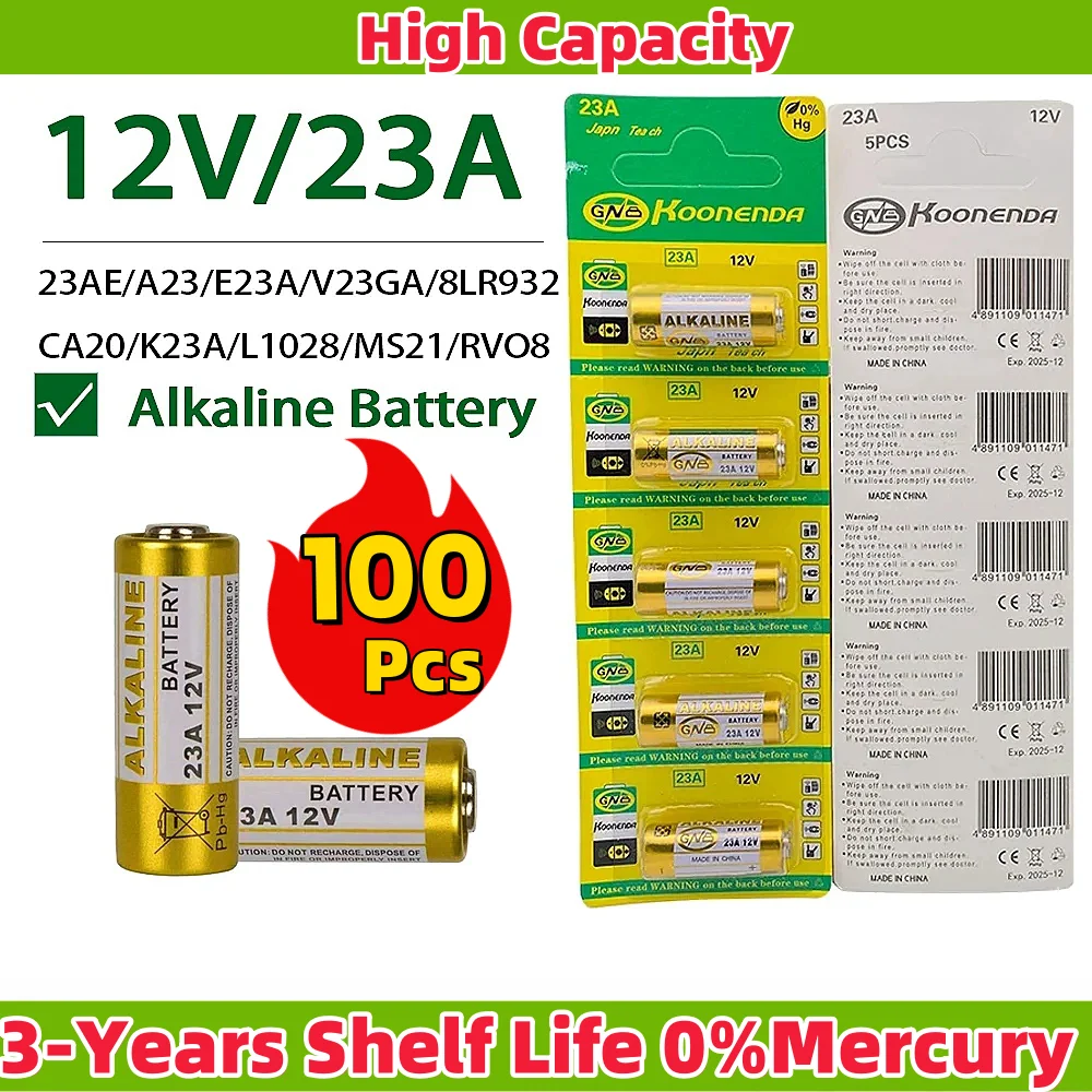 100PCS Dry Cell 12V Alkaline Battery 23A E23A A23 23GA A23S GP23A V23GA MS21 LRV08 For Doorbell,Garage door remote,Roller shut