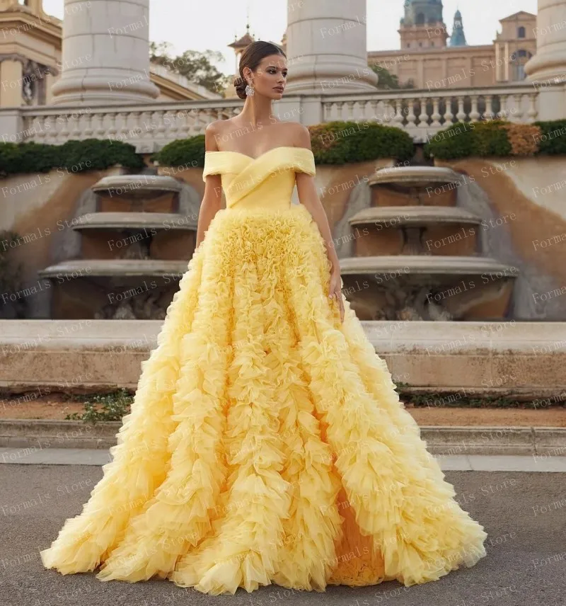 Dreamy Yellow Tulle Ball Gown Ruffled Layered Evening Dresses With Train Off Shoulder Sleeveless Woman Clothes Ever Pretty