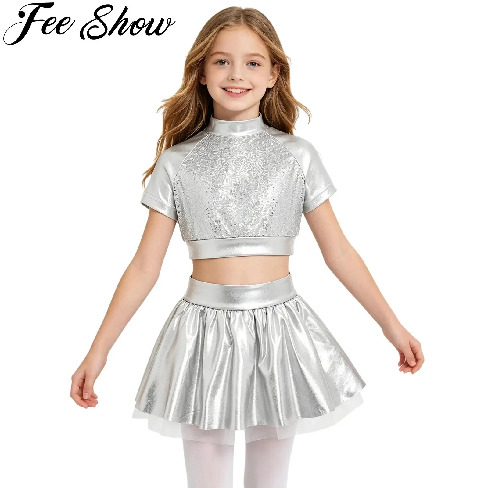 Kids Girls Jazz Dance Cheerleading Performance Outfit Short Sleeve Sequins Metallic Crop Top with Shiny Tutu Skirt Dancewear