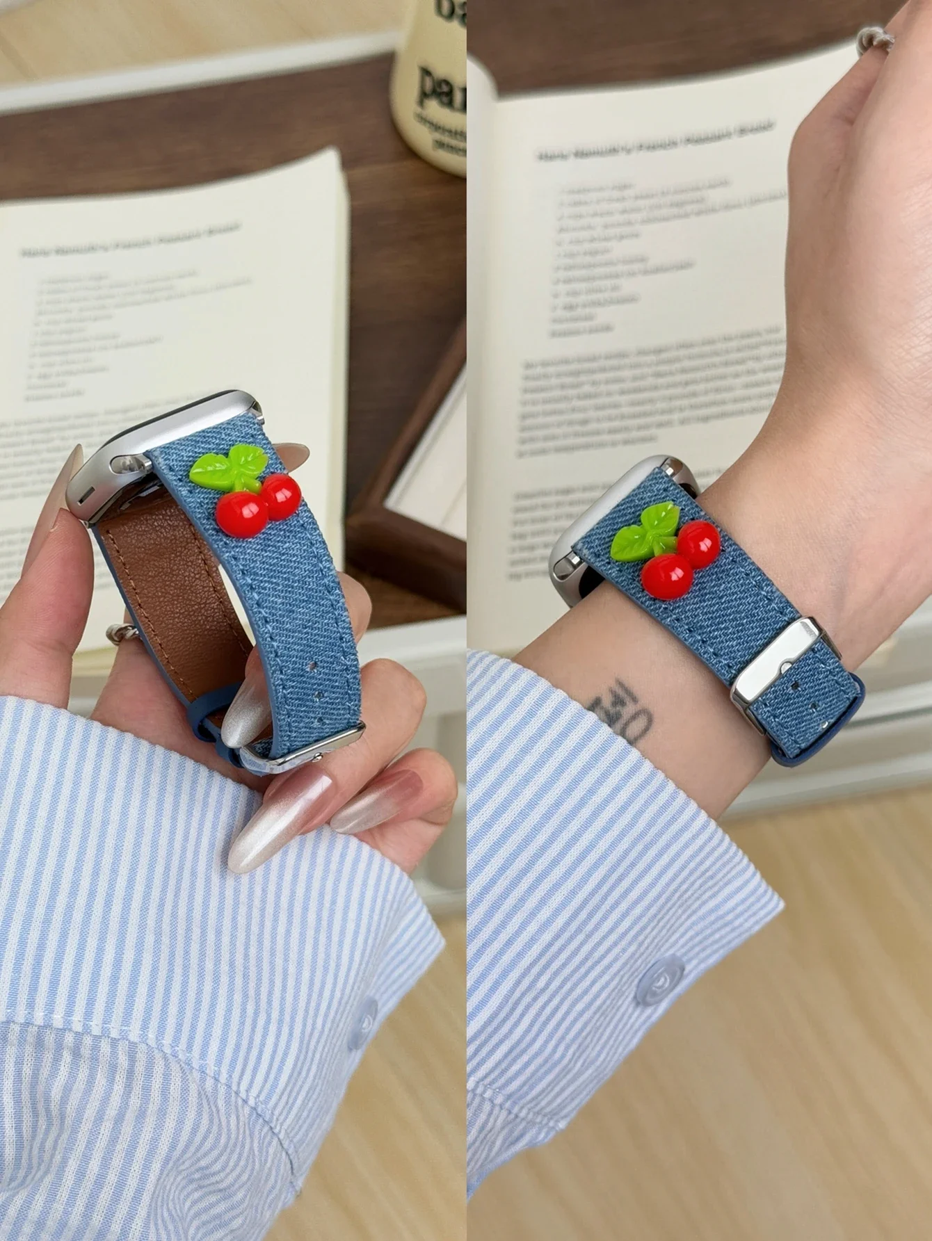 Fashion Cherry Denim Leather loop Correa For Apple Watch band Series 10/9/8/7/6/5 38mm 40mm 41mm 42mm 44mm 45mm 46mm 49mm Strap