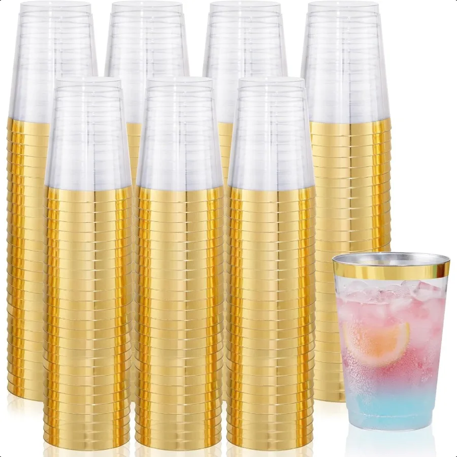 

200pcs Gold Plastic Cups 10oz Hard Party Cups for Weddings for Beach Parties for Camping Trips for Picnics for Barbecues