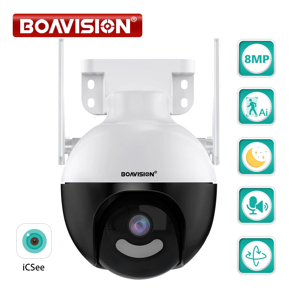 BOAVISION Outdoor WIFI Camera PTZ HD 8MP 4K AI Human Detection Two Way Audio Color Night Vision 4MP Video Surveillance Cameras