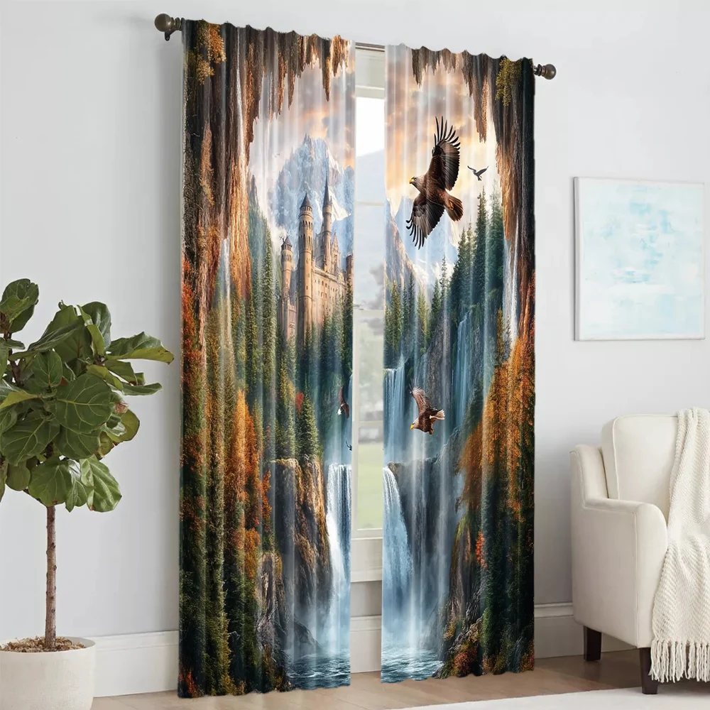 2 pcs, versatile polyester transparent curtains for home decoration Cliff Castle Rainforest Waterfall Wild Bear Eagle for use in