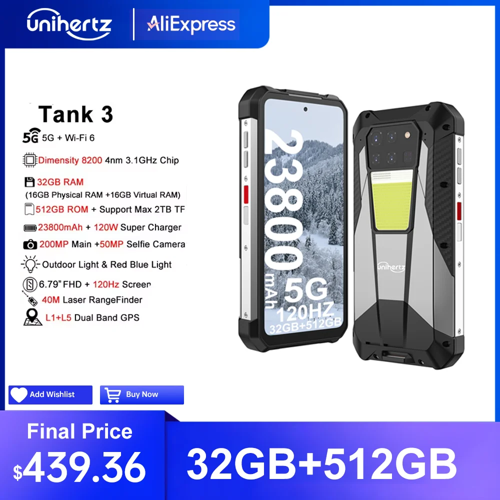 Прочный смартфон Unihertz 8849 Tank 3, Android 14, 23800 мАч, телефон, разблокированный, 32 ГБ + 512 Гб