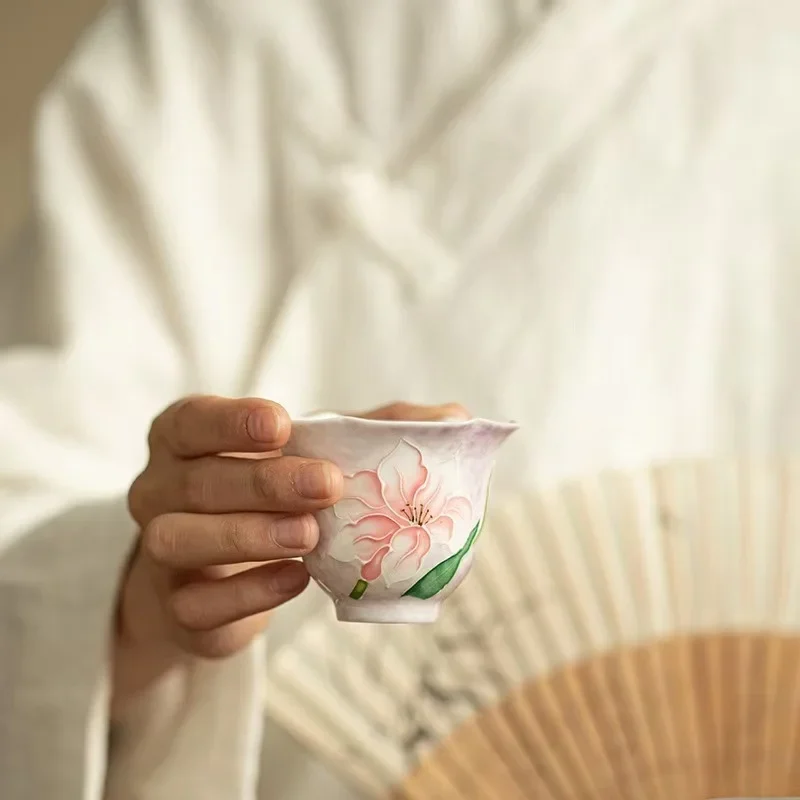 2Pcs 80ML New Chinese Light Purple Pure Hand-painted Lily Fragrant Petal Scented Cup Personal Household Ceramic Kung Fu Tea Cup