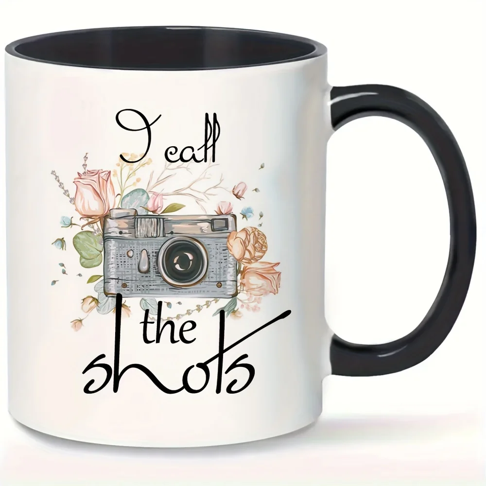 1pc, Camera Flower Print Coffee Mug, Ceramic Coffee Cup, Birthday Gifts, White Mug with Black Handle and Inner, Party Gift