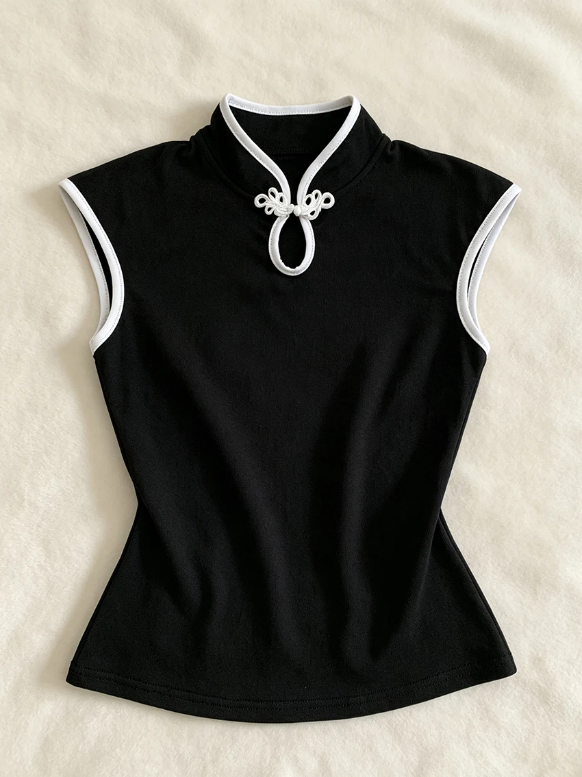 Retro-Chinesischer Stil Damen-Bluse mit Stehkragen, Ärmellos, Froschknopfverschluss, Kontrastbesatz, Schmale Passform, Kurzes Qipao, Alltagsbluse – Detail 8
