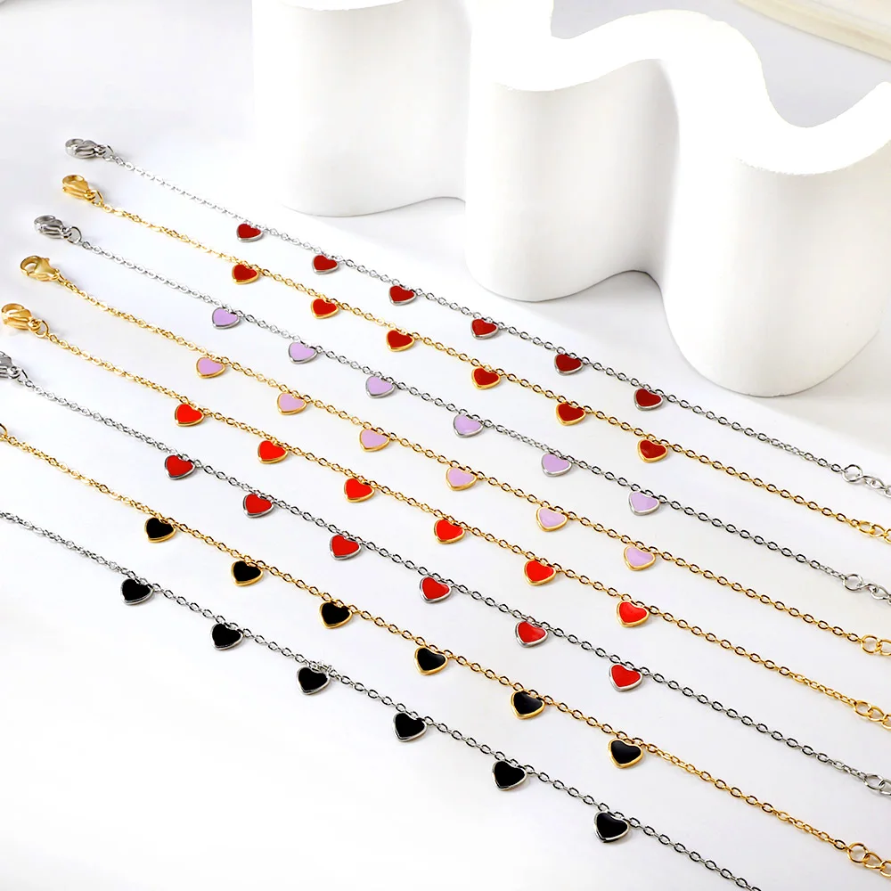 Enamel Heart Anklet Stainless Steel Trendy Foot Jewelry Light Luxury Minimalist Sweet Romantic Ornament Multiple Colors Availabl