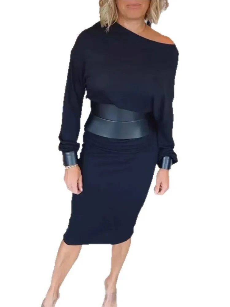 فساتين سوداء غير رسمية خريف جديد أزياء نسائية أنيقة + فستان بحزام جلدي للنساء فساتين حفلات العطلات رداء فام #5