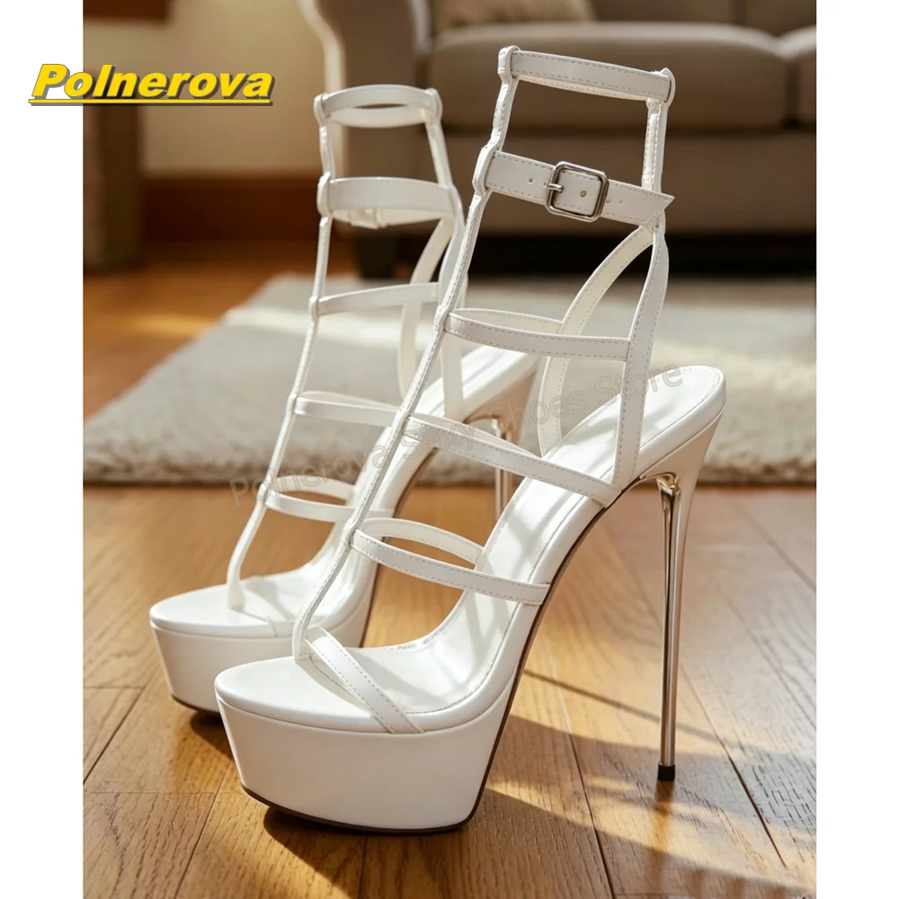 White Multi Thin Straps Gladiator Sandals Clip Toe Metal Thin Stiletto Adjustable Ankle Buckle Sexy Spicy Girl Party Sandals