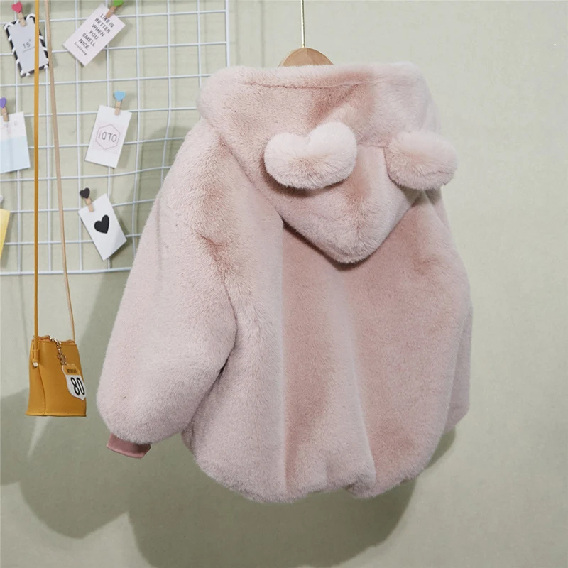 Cute Bear Plush Baby Boys Jacket New Autumn Winter Warm Faux Fur Coat For Girls Hooded Snowsuit Children Ouertwear Clothing 0-6Y