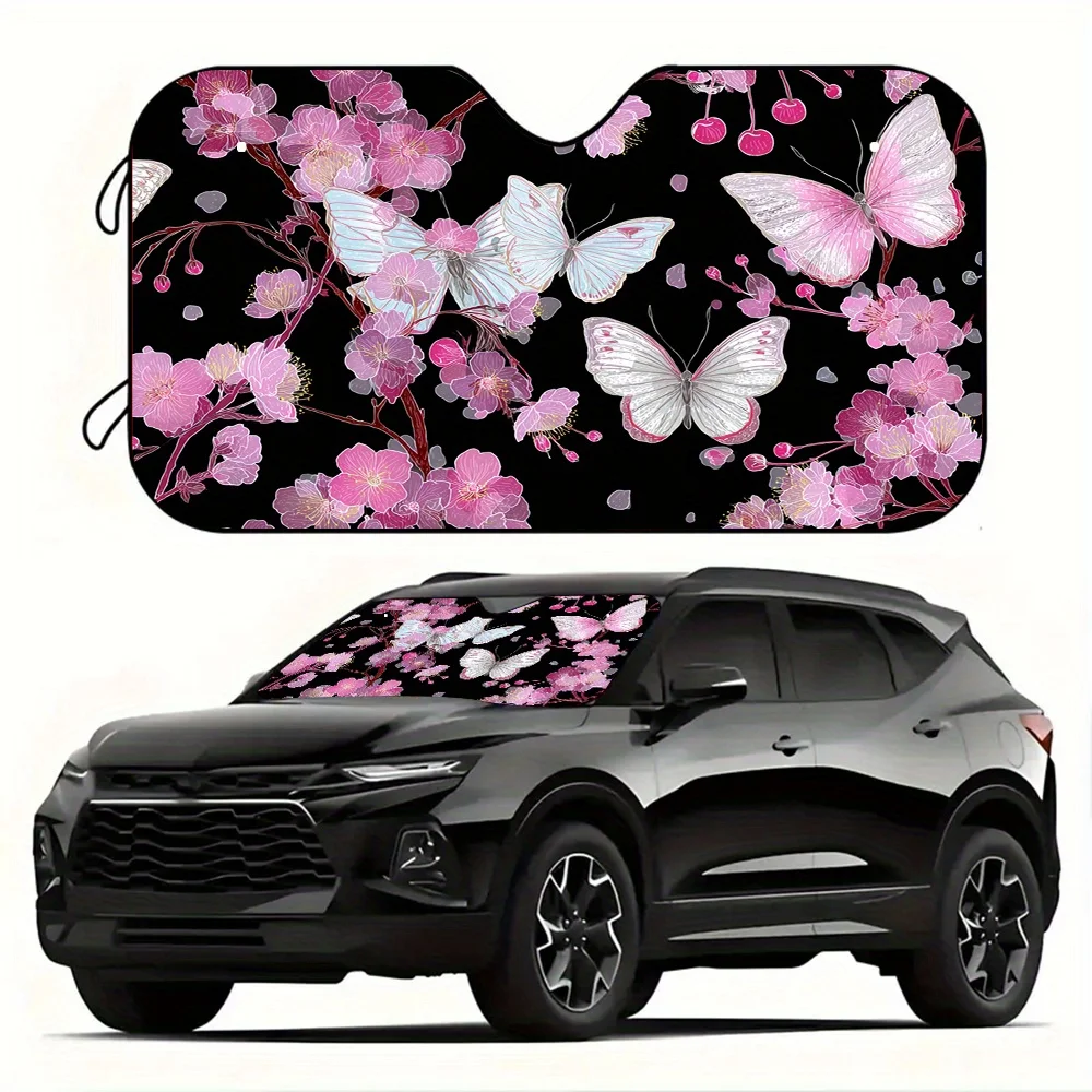 1pc Floral Butterfly Dance Windshield Sunshade & Foldable Car Cover - UV Protection & Heat Reflective, Pink Cherry Blossoms & Wh