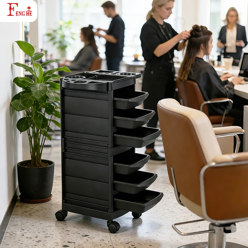 Black 6 Tier Rolling Salon Trolley Cart Hair Salon Equipment Storage for Hair Stylist