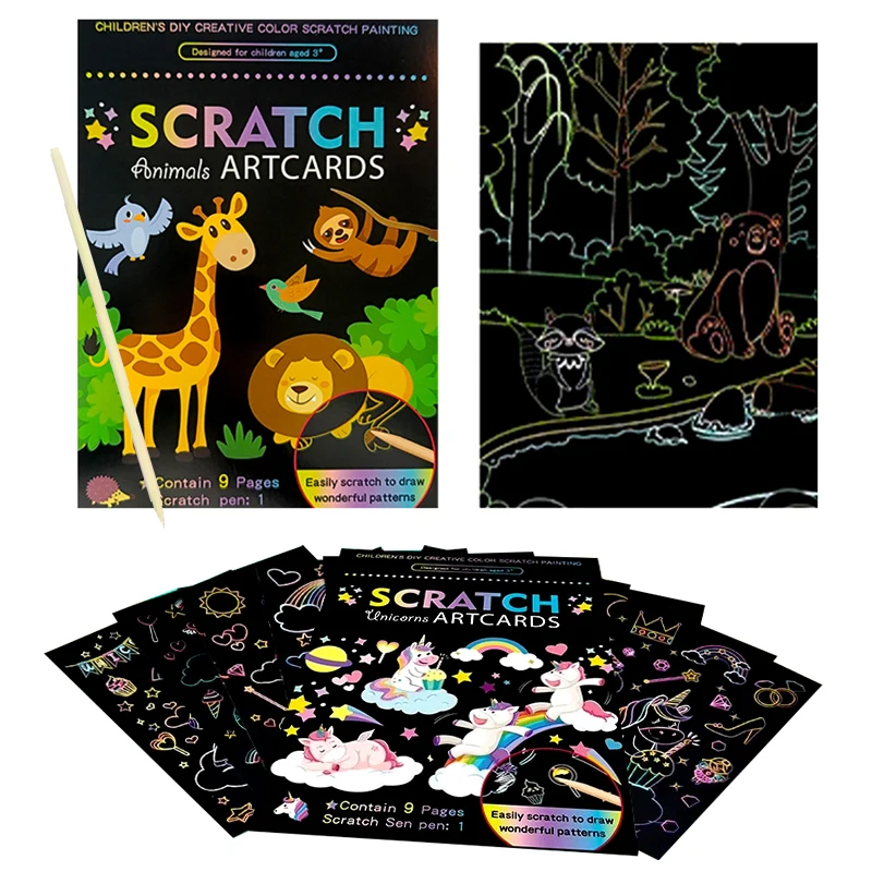 

1Book Magic Rainbow Color Cartoon Scratching Paper 9PCS/Set DIY Scratch Graffiti Card Kit School Rewards Gift Party Souvenir ZYF
