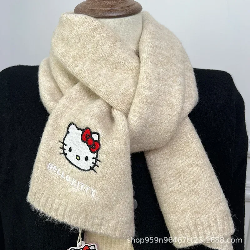 Sanrio, Hello Kitty, knitted wool embroidered scarf, women, winter, thickened for warmth, wool neck