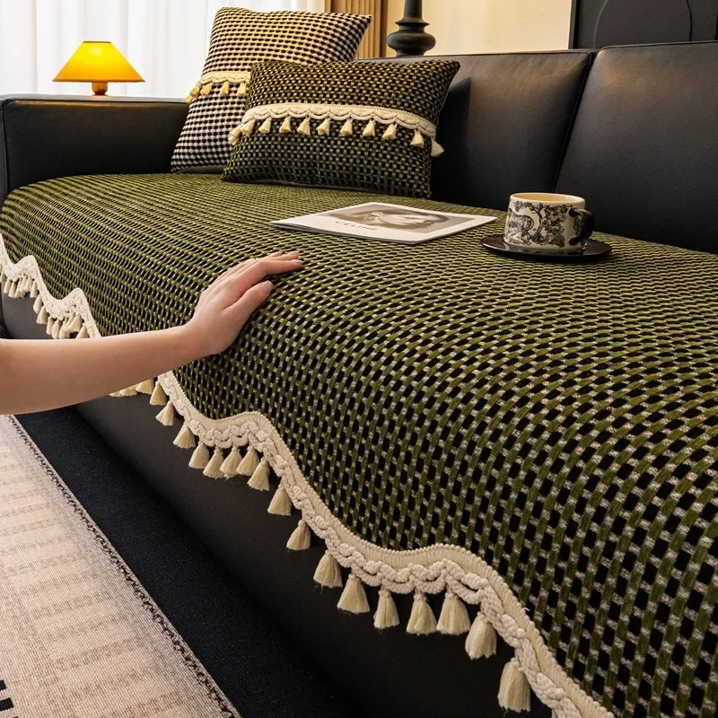 Mid-Century Straight Row Sofa Cover Mats Gingham New Tassel Edge All-Season Fixed Non-Slip Green Sofa Throw Cover for Home Decor