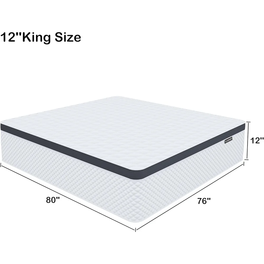 Espuma viscoelástica gel king size de 12 polegadas e colchão híbrido de molas internas com molas de bolso individuais