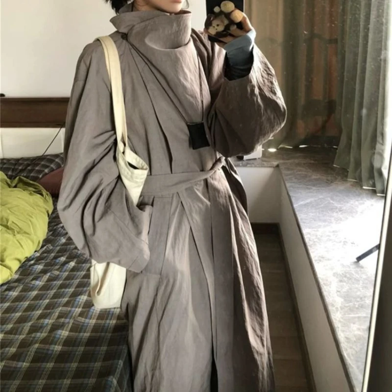 

New Graphite Gray Textured Pleated Stand-collar Windbreaker Coat, High-intelligence ROW Style Loose Silhouette Long Coat