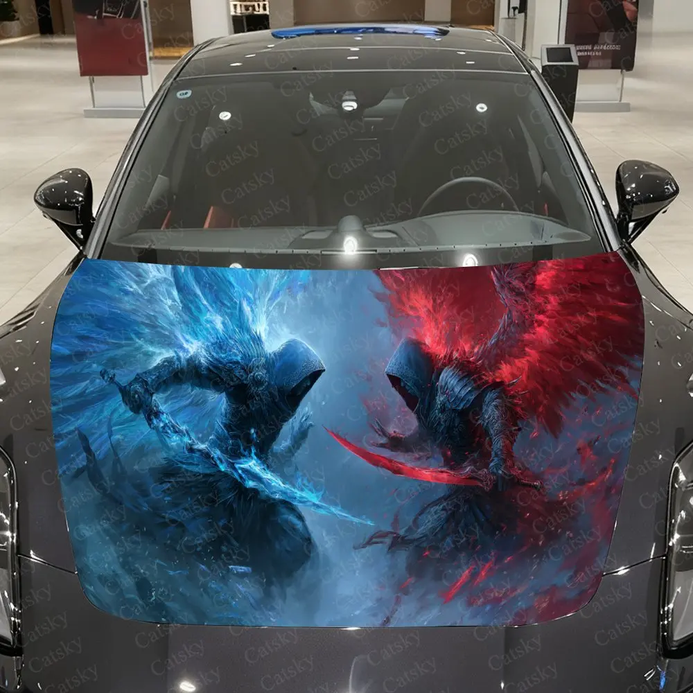 

Ice Spirit and Fire Soul Armored Knight Car Vinyl Wrap, PVC Material Waterproof Car Hood Sticker, Self-Adhesive Scratch-Resistan