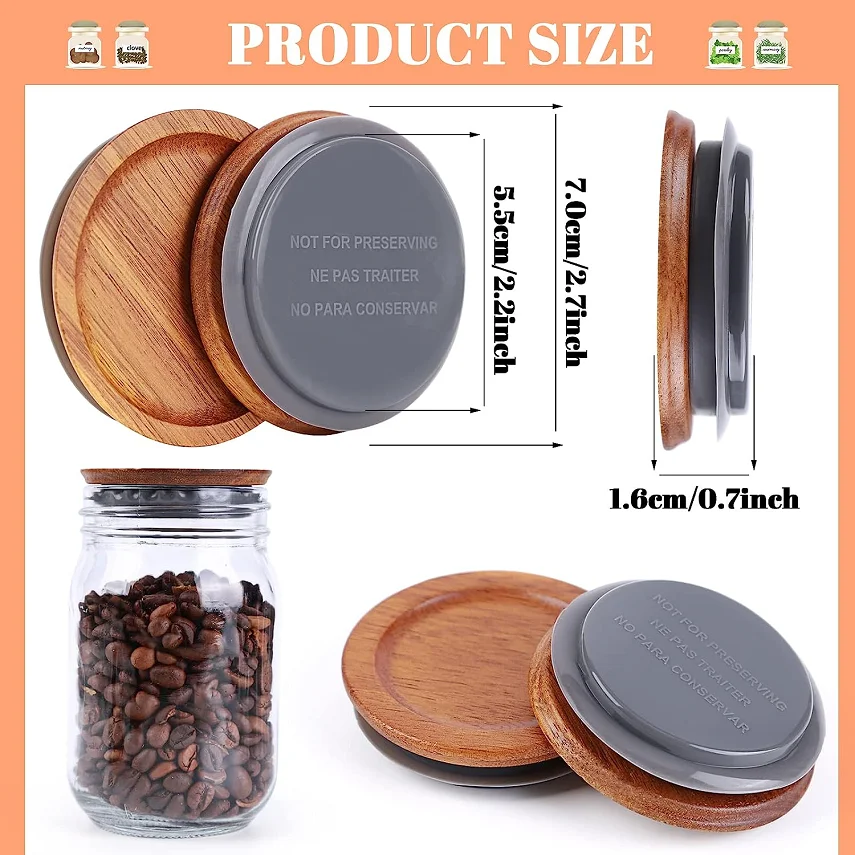 12Pcs per Pack Wooden Storage Lid, Canned Spherical Tanks, Sealed with Airtight Silicone, Brown, Smooth, Conventional Mouth