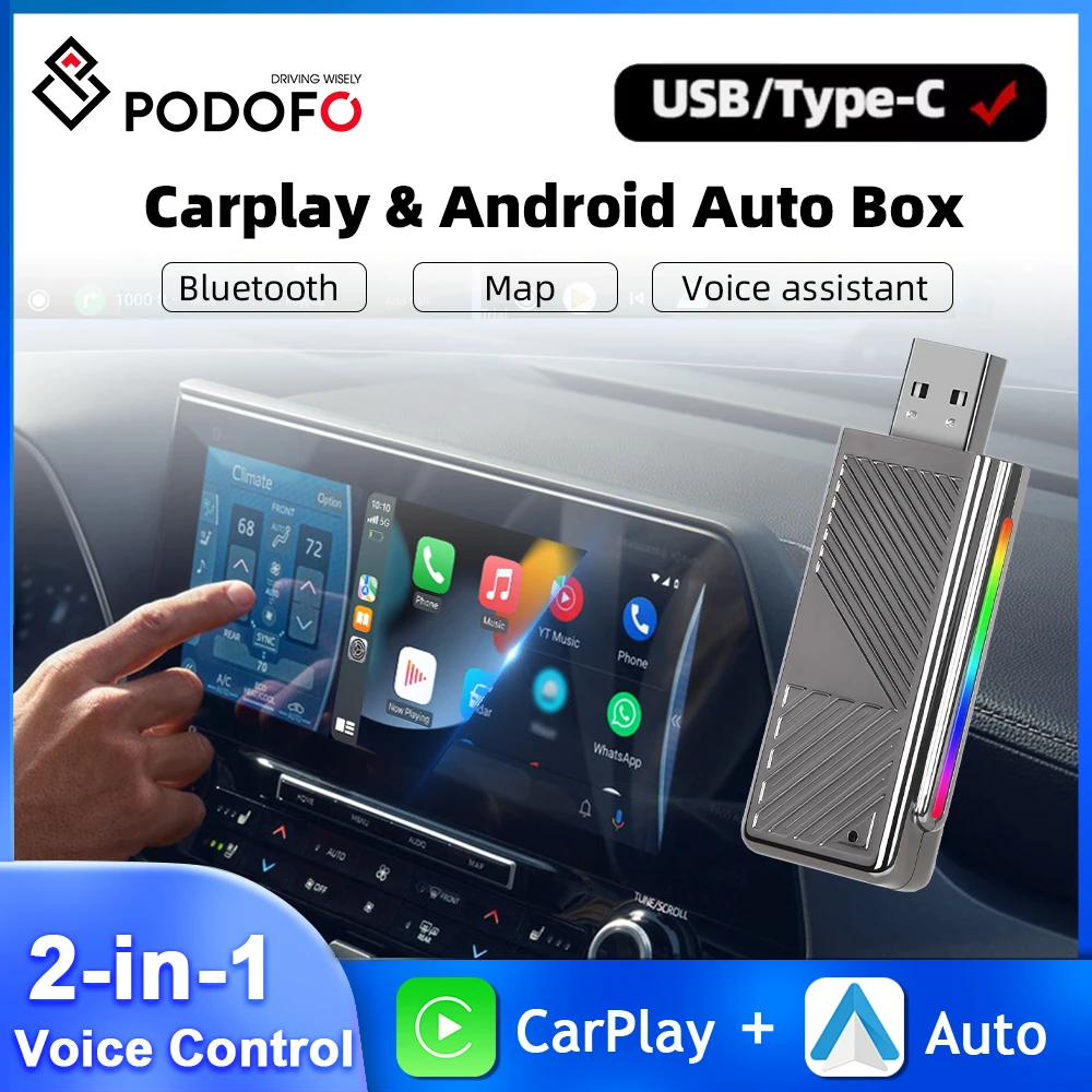 Podofo 2-in1 Bluetooth Box Carplay Box Android Auto Box Voice Assistant Android Auto Adapter Carplay Adapter WIFI Plug&Play