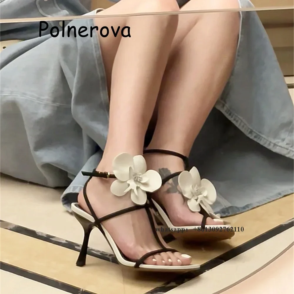 White Flower Sandals Open Toe One Word Belt Women's Shoes Summer Casual Party Thin High Heels Design Ladies Fashion Sandals