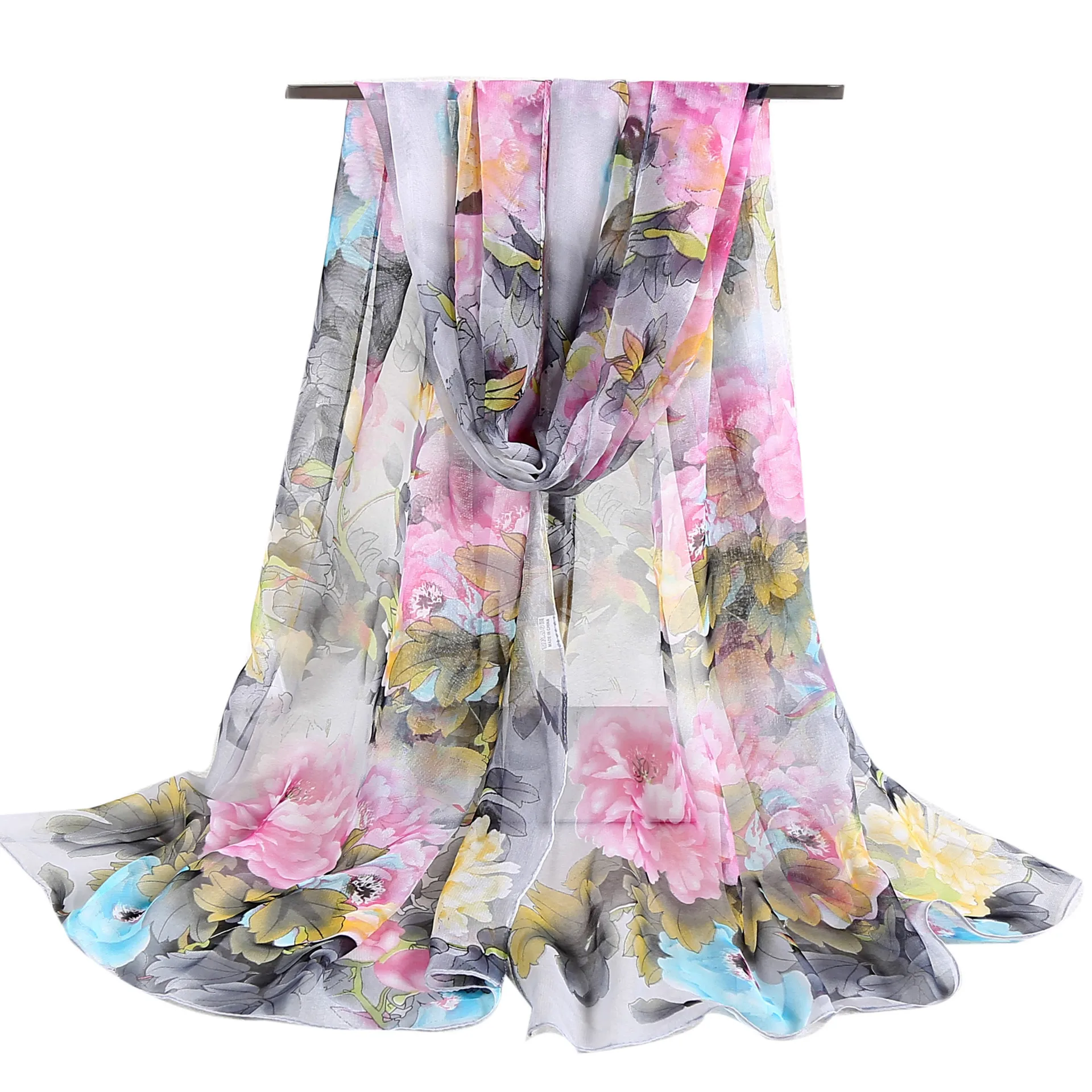 

Four Seasons Thin Soft Chiffon Women Peony Flower Printing Beach Silky Georgette Scarf Shawls Long Wraps Beach Sunscreen Hijab