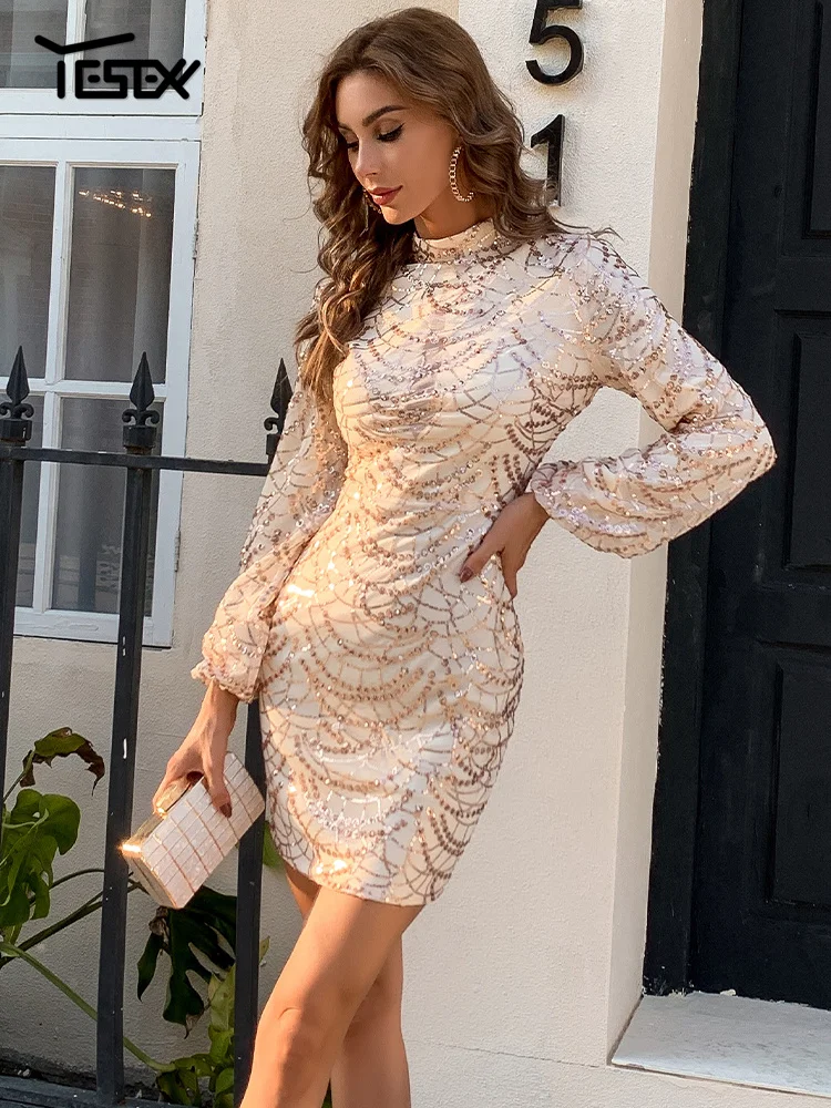 Yesexy 2024 New Fashion Women Festival Party Dresses Sexy Mini Long Sleeve Sequins Elegant Evening Vestidos Bodycon Short Dress