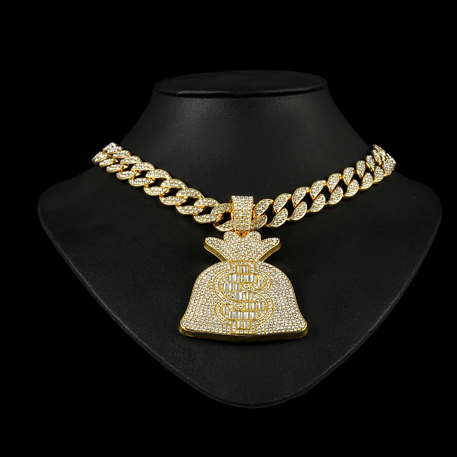 Iced Out Cuban Chain With Hip Hop Alloy And Bling Rhinestone Big Dollar Bag Pendant Choker Necklace